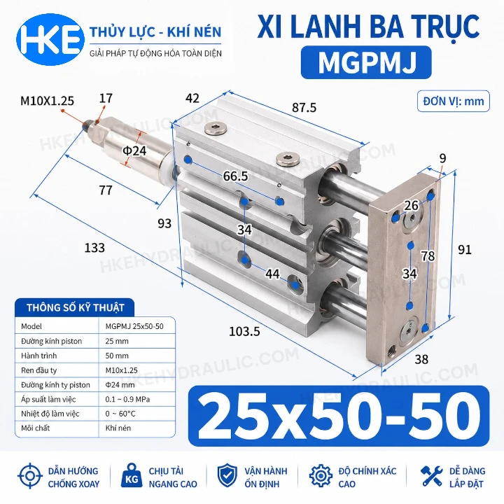 Xi lanh ba trục MGPMJ 25x50-50 dẫn hướng chống xoay khí nén HKE Hydraulic