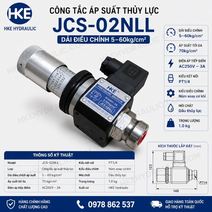 Công tắc áp suất thủy lực JCS-02NLL 5-60kg/cm² PT1/4 HKE Hydraulic