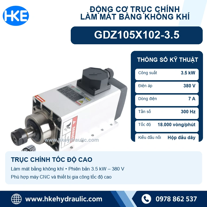 Động cơ spindle GDZ105X102-3.5 3.5kW 380V 7A đầu kẹp ER20 làm mát gió
