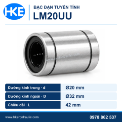 Bạc đạn tuyến tính LM20UU dạng trụ kín cho trục phi 20, kích thước 20 × 32 × 42 mm