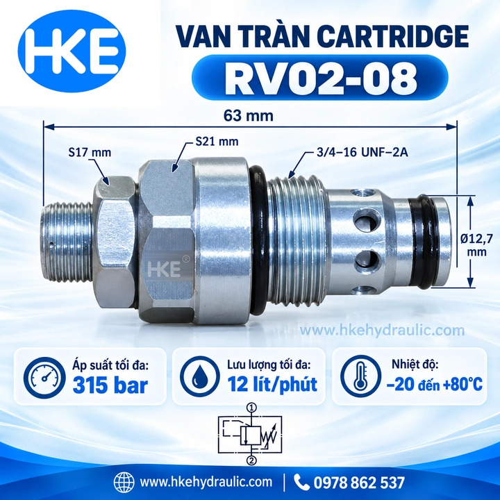 Van cartridge RV02-08, ren lắp 3/4-16 UNF-2A