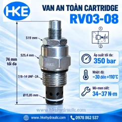 Van an toàn cartridge RV03-08 350 bar, chiều dài tối đa 74 mm, mô-men siết 34–37 N·m