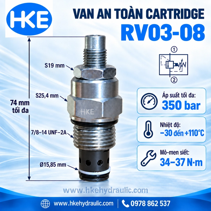 Van cartridge an toàn RV03-08 với kích thước và thông số lắp đặt