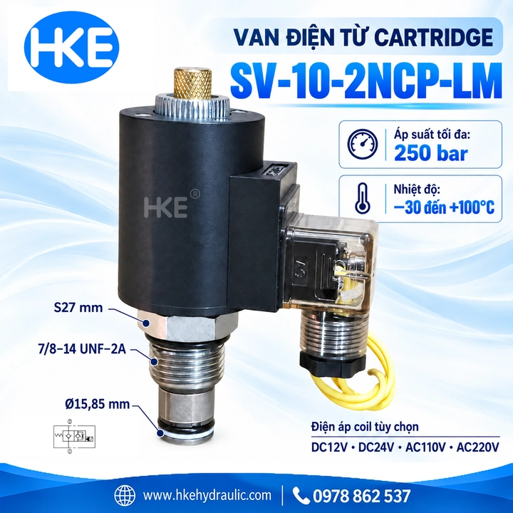 Van cartridge điện từ SV-10-2NCP-LM với coil và phần lõi lắp ren vào block
