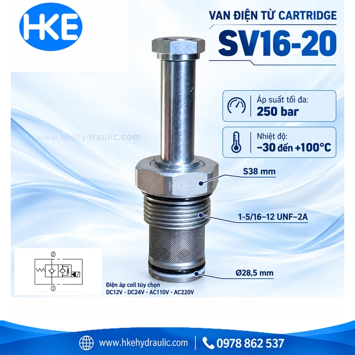 Van điện từ cartridge SV16-20 250 bar, đầu cartridge Ø28,5 mm