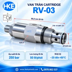 Van cartridge RV-03 nhìn nghiêng với thân van và đầu ren lắp