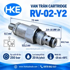 Van tràn cartridge RV-02-Y2 nhìn nghiêng, thể hiện thân van và đầu cartridge