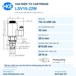 Bản vẽ kích thước van LSV10-22W, ren 7/8-14 UNF-2A và mô-men siết 25 N·m