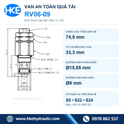 Bản vẽ kích thước van an toàn RV06-09 và khoang lắp T-RV0609, ren 3/4-16 UNF-2A