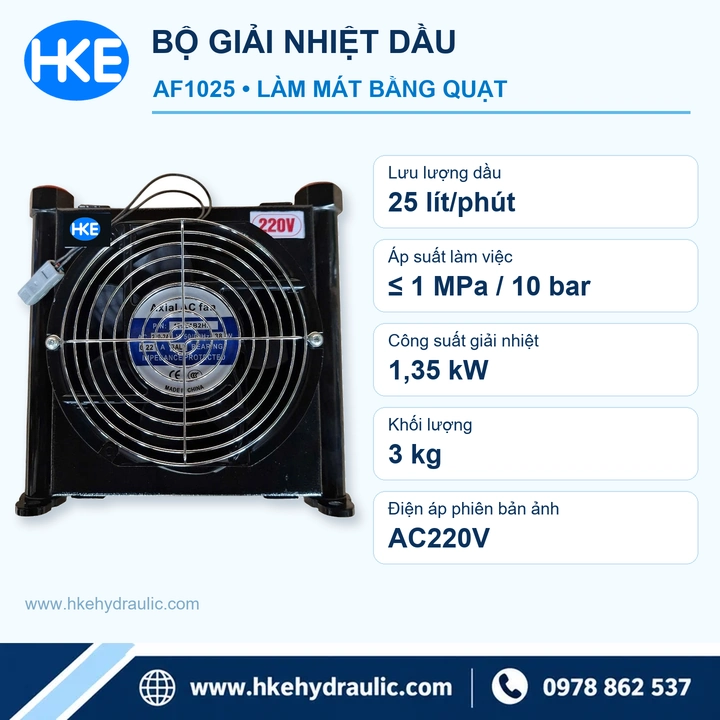 Thông số giải nhiệt dầu AF1025 AC220V 25 L/phút, 10 bar, 1,35 kW