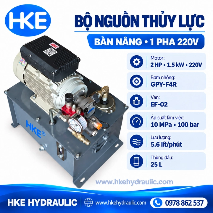 Bộ nguồn thủy lực bàn nâng 220V HKE, motor 2 HP và thùng dầu 25 lít