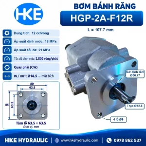 Kích thước bơm bánh răng HGP-2A-F12R 12cc, trục 12,5 mm và mặt lắp 4 lỗ