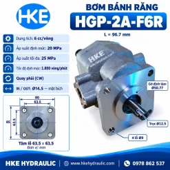 Kích thước bơm bánh răng HGP-2A-F6R 6cc, trục 12,5 mm, dài 96,7 mm