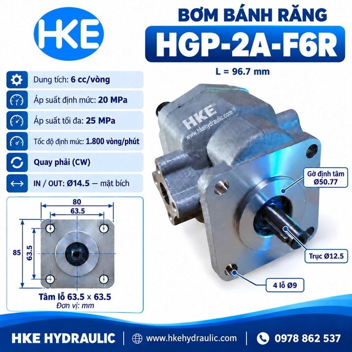 Kích thước bơm bánh răng HGP-2A-F6R 6cc, trục 12,5 mm, dài 96,7 mm