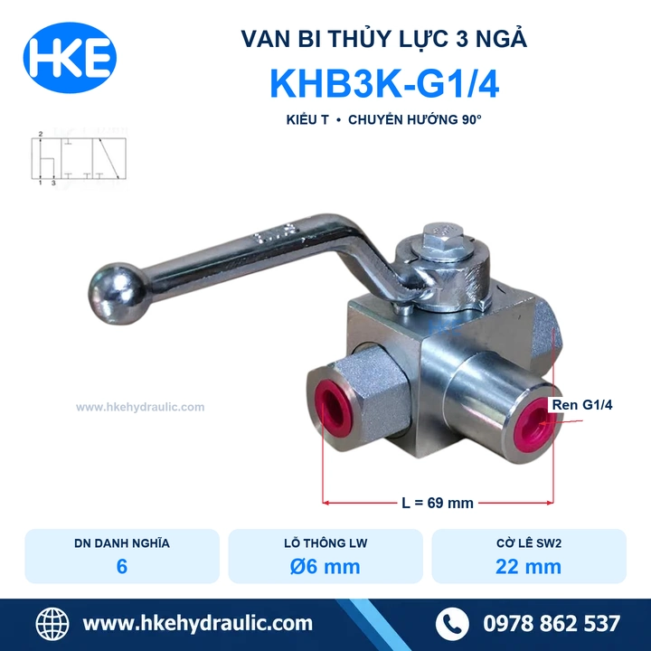 Van bi thủy lực 3 ngã KHB3K-G1/4 kiểu T, chiều dài 69 mm và lỗ thông 6 mm