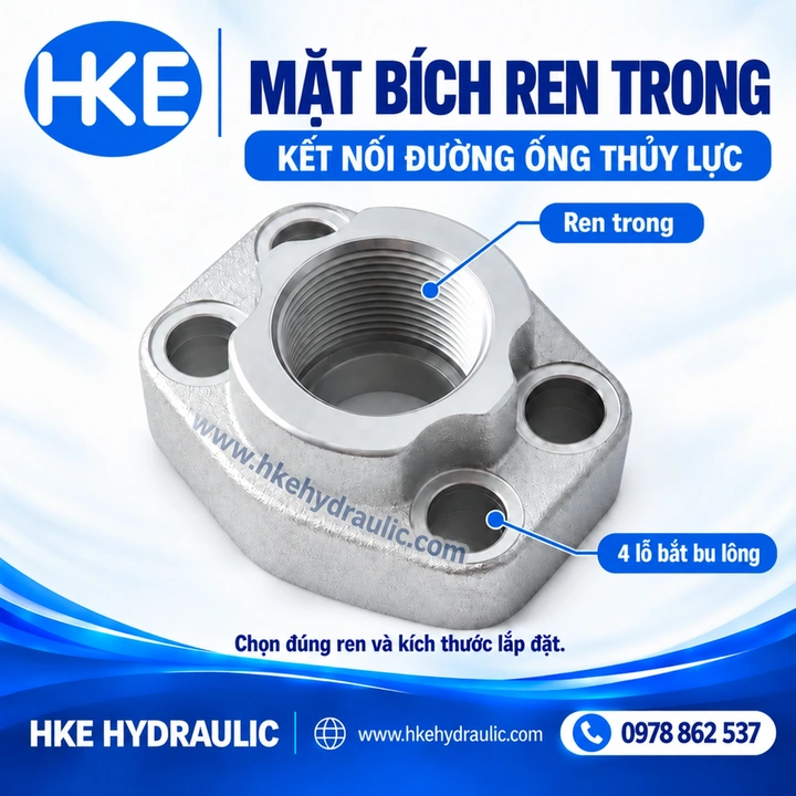 Mặt bích thủy lực thẳng ren trong, chi tiết cổng ren và bốn lỗ bu lông