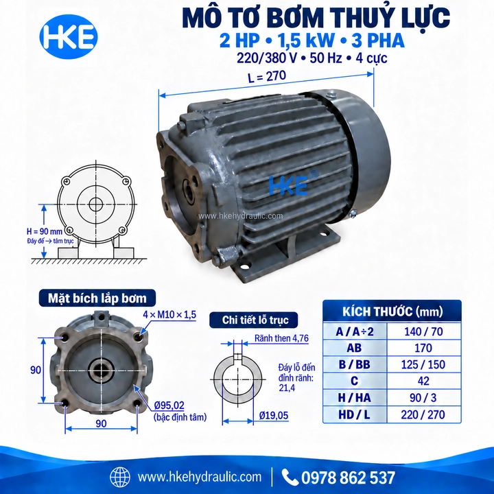 Kích thước mô tơ 3 pha 1,5 kW 2HP, cốt âm 19,05 mm lắp bơm VP30 VP40