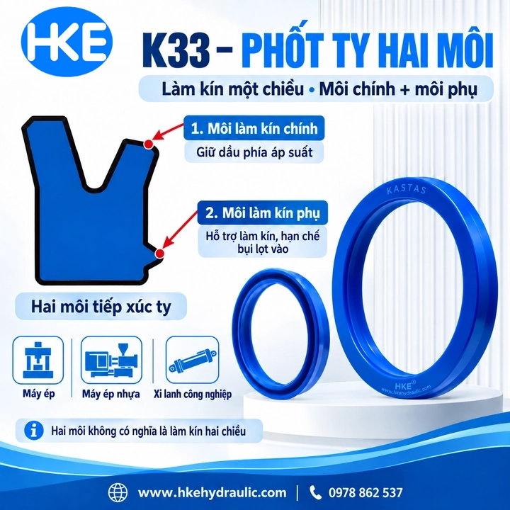 Mặt cắt phốt K33 với môi làm kín chính và môi phụ