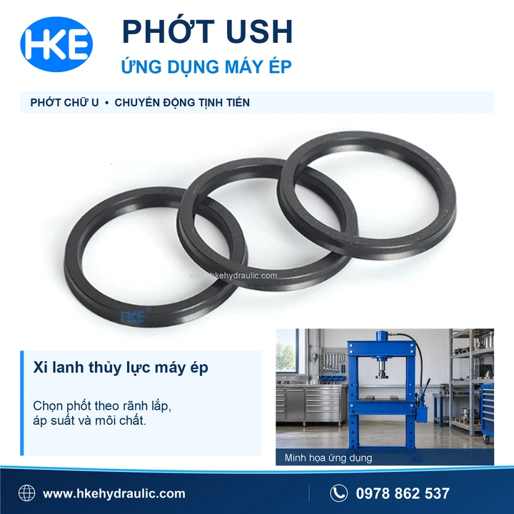 Minh họa phốt USH trong ứng dụng xi lanh máy ép