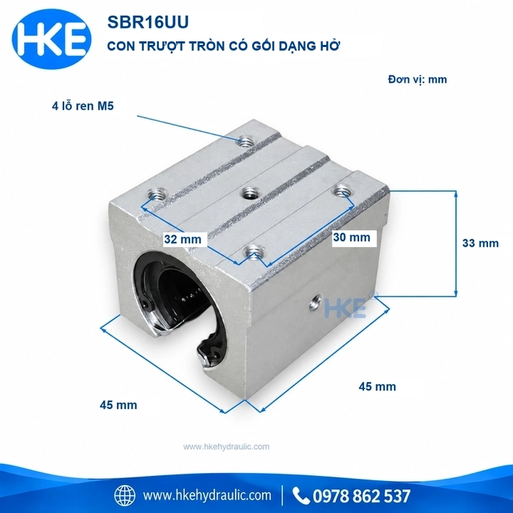 Kích thước con trượt tròn SBR16UU gối hở Ø16 mm