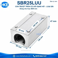 Con trượt tròn SBR25LUU Ø25, kích thước 130 × 60 × 47 mm, bước lỗ 40 × 100 mm