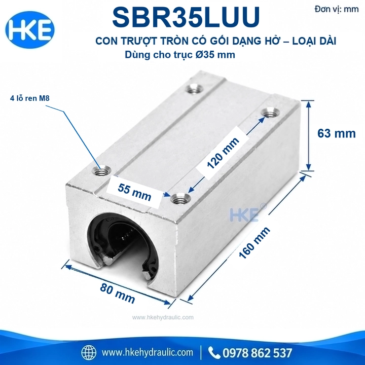Kích thước con trượt tròn SBR35LUU gối hở thân dài Ø35 mm