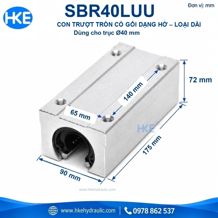 Kích thước con trượt tròn SBR40LUU gối hở thân dài Ø40 mm
