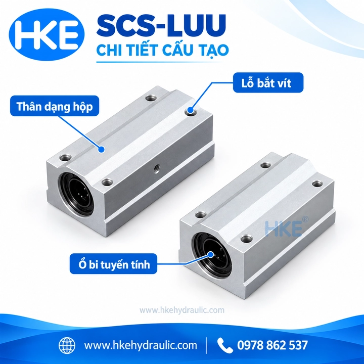 Minh họa cấu tạo con trượt SCS gồm thân gối, lỗ bắt vít và ổ bi tuyến tính