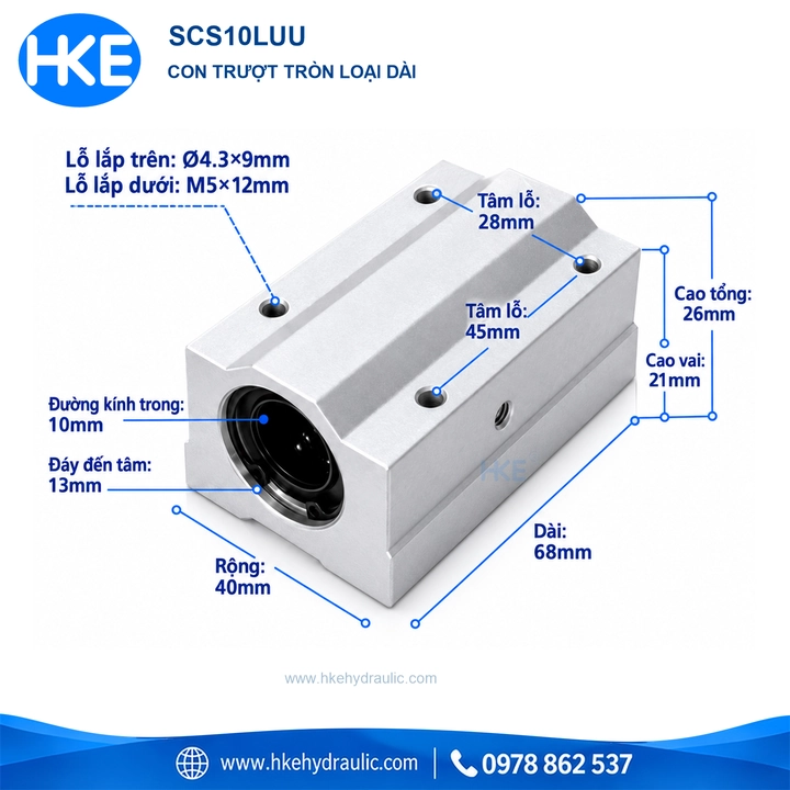 Bản vẽ con trượt tròn SCS10LUU, trục 10 mm, thân 68 × 40 × 26 mm