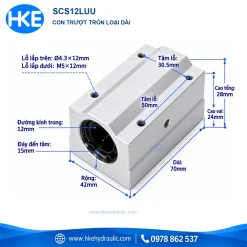 Bản vẽ con trượt tròn SCS12LUU, trục 12 mm, thân 70 × 42 × 28 mm