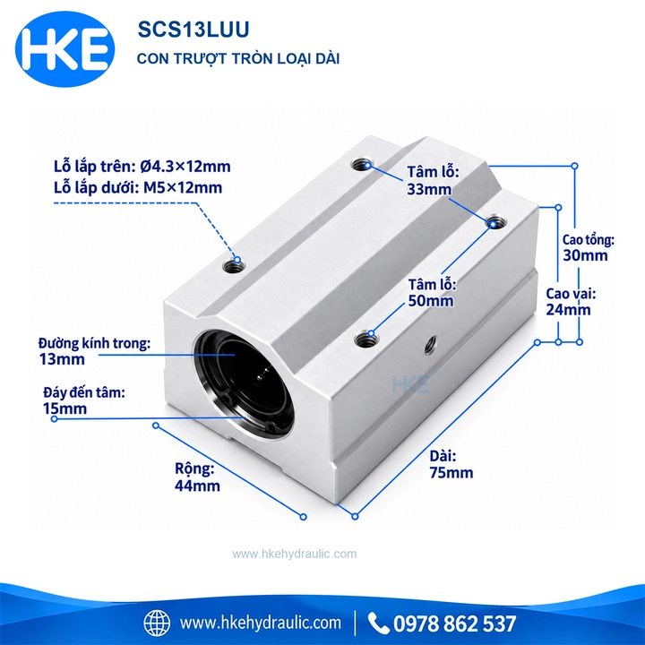 Bản vẽ con trượt tròn SCS13LUU, trục 13 mm, thân 75 × 44 × 30 mm