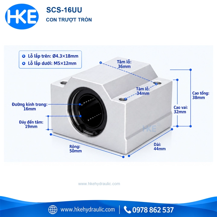 Con trượt tròn kín SCS16UU, cao tâm 19 mm, tâm lỗ 36 x 34 mm