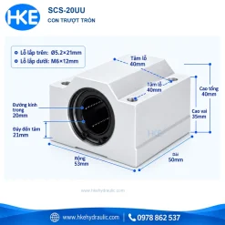 Con trượt tròn kín SCS20UU trục 20 mm, thân 50x53x40 mm, tâm lỗ 40x40 mm HKE