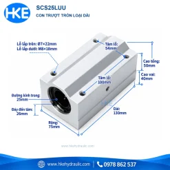 Bản vẽ con trượt tròn SCS25LUU, trục 25 mm, thân 130 × 75 × 50 mm