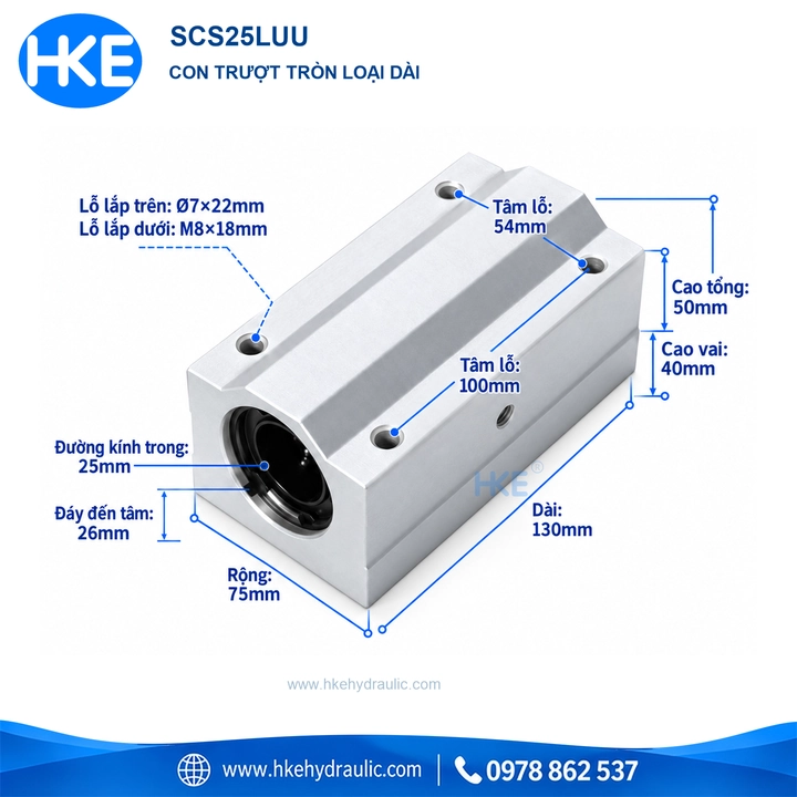 Bản vẽ con trượt tròn SCS25LUU, trục 25 mm, thân 130 × 75 × 50 mm