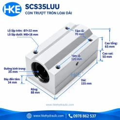 Bản vẽ con trượt tròn SCS35LUU, trục 35 mm, thân 155 × 88 × 65 mm