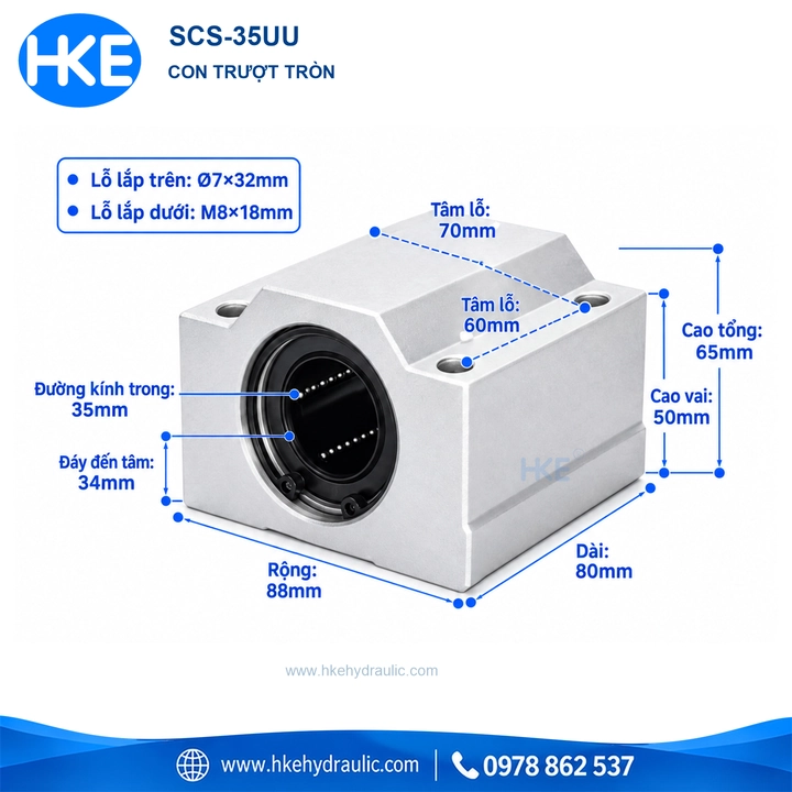 Con trượt tròn kín SCS35UU, trục 35 mm, tâm lỗ 70 x 60 mm