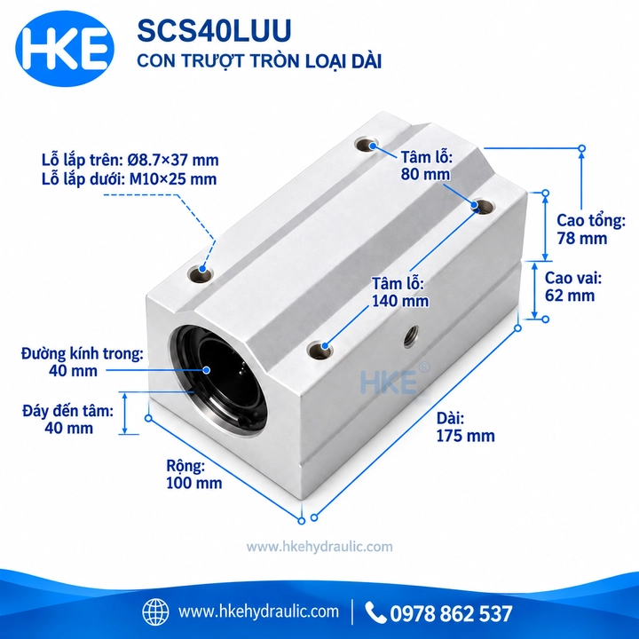 Bản vẽ con trượt tròn SCS40LUU, trục 40 mm, thân 175 × 100 × 78 mm