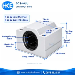Con trượt tròn kín SCS40UU trục 40 mm, thân 89x100x78 mm, tâm lỗ 80x60 mm HKE