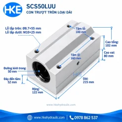 Bản vẽ con trượt tròn SCS50LUU, trục 50 mm, thân 215 × 122 × 102 mm