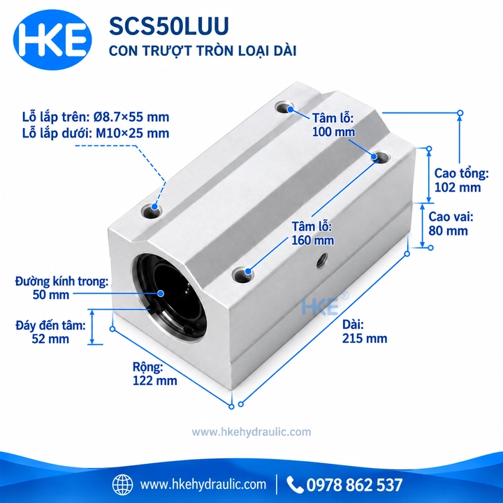 Bản vẽ con trượt tròn SCS50LUU, trục 50 mm, thân 215 × 122 × 102 mm