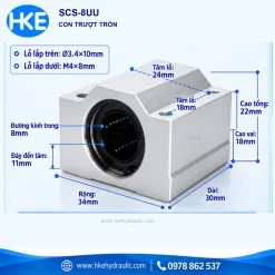 Con trượt tròn kín SCS8UU trục 8 mm, bản vẽ kích thước gối HKE