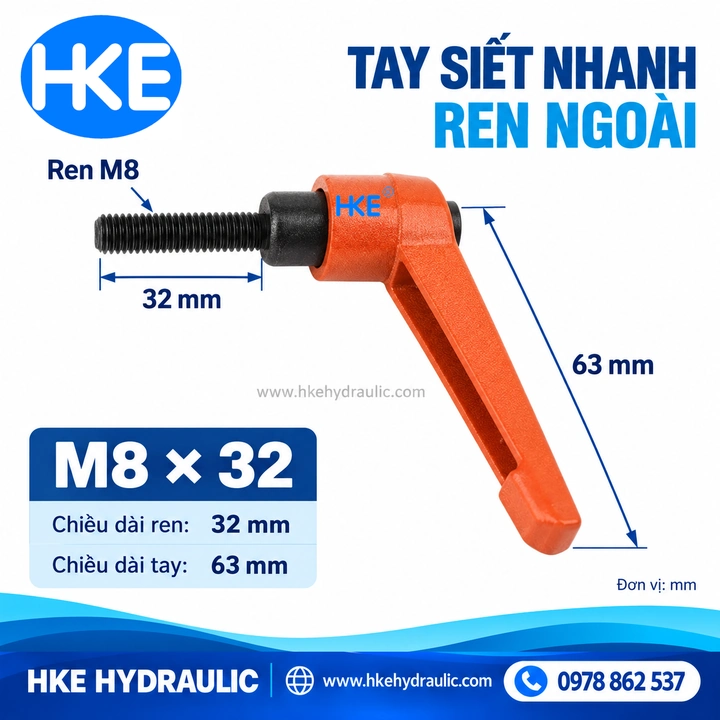 Tay siết nhanh M8 ren ngoài dài 32 mm, tay cầm 63 mm