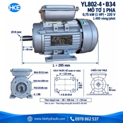 Kích thước mô tơ 1 pha YL802-4 B34 trục 19 mm, bích 121 mm