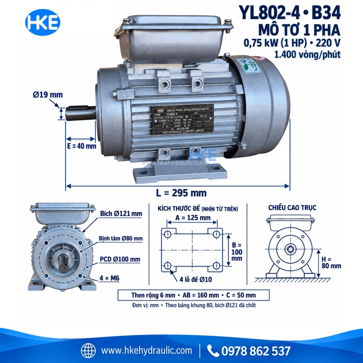Kích thước mô tơ 1 pha YL802-4 B34 trục 19 mm, bích 121 mm
