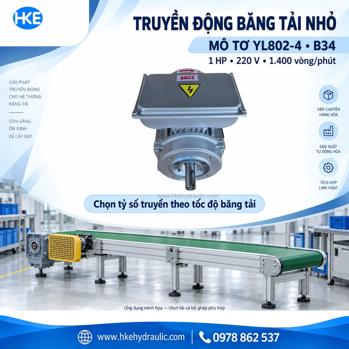 Động cơ B34 dẫn động băng tải nhỏ – ứng dụng minh họa