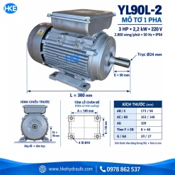 Kích thước YL90L-2 trục 24 mm, cao tâm H90, chân đế 140 x 125 mm