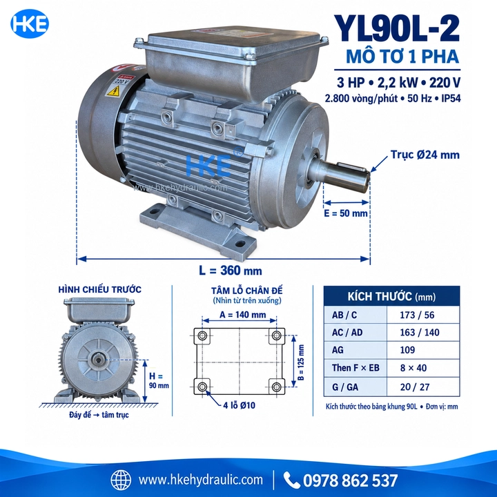 Kích thước mô tơ 1 pha YL90L-2 trục 24 mm, tâm trục H90