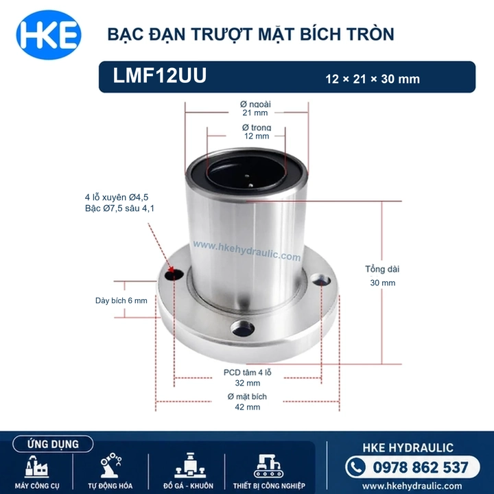 Con trượt tròn LMF12UU mặt bích tròn, kích thước 12x21x30 mm, PCD 32 mm