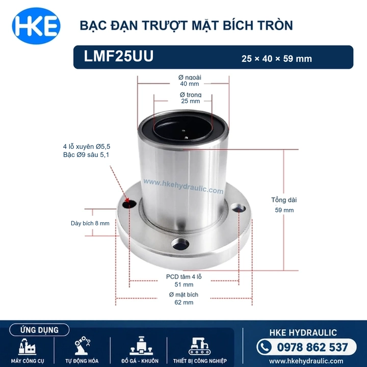Con trượt tròn LMF25UU mặt bích tròn, kích thước 25x40x59 mm, PCD 51 mm